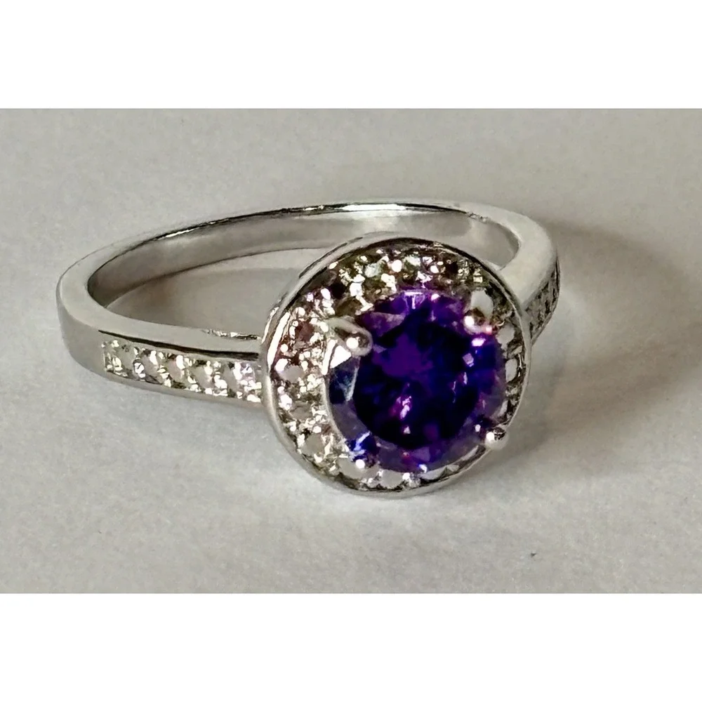 Purple Glass Halo Ring Silver Tone Round Cut Sparkle Cocktail Size 8